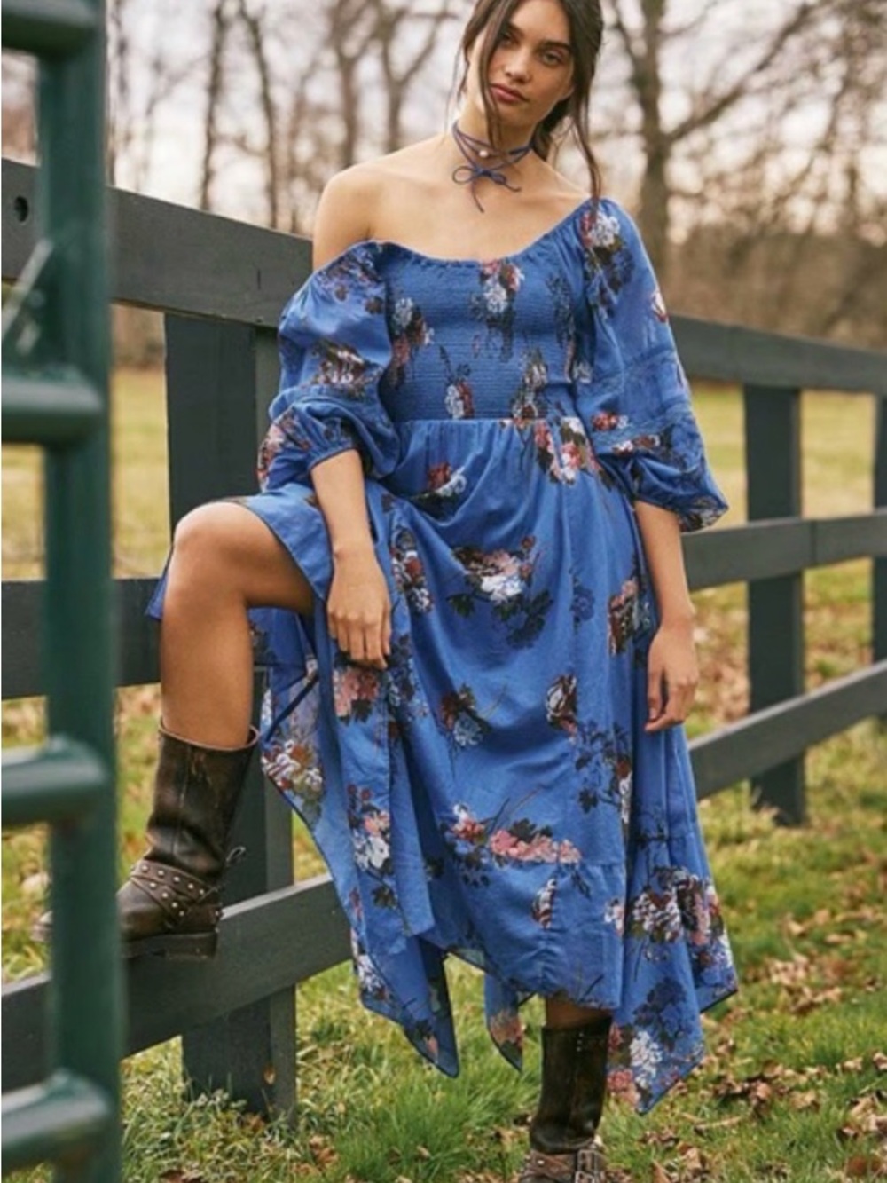 Free People Blue Floral Off-Shoulder Midi Dress